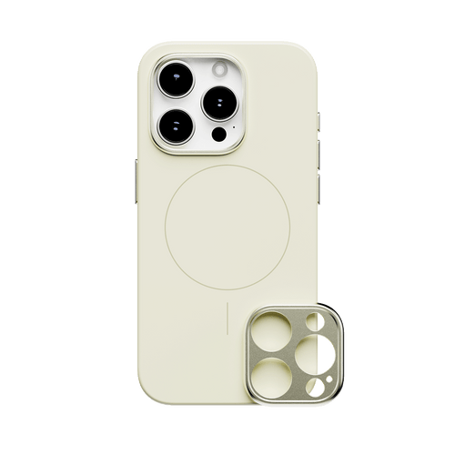 Light-colored phone case with a circular magnetic area and a detachable camera lens cover.