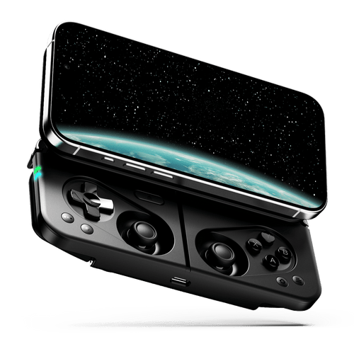Portable gaming controller with a smartphone holder and dual analog sticks, featuring a sleek design.