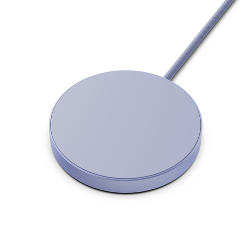 Round wireless charging pad in light purple with a connected cable.