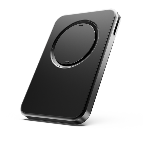Black wallet with a circular magnetic attachment area and a sleek, minimalist design.
