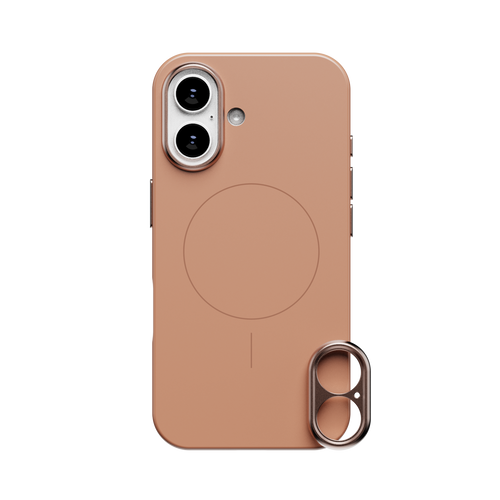 Solid peach-colored phone case with a circular magnetic charging area and a detachable camera lens cover.