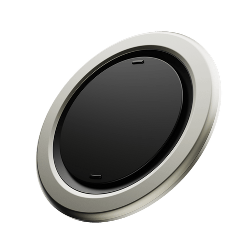 Circular device with a black surface and a silver outer ring, featuring two small ports.