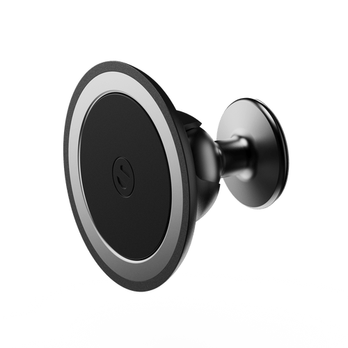 Black circular car mount with a metallic edge and a central logo, designed for secure device attachment.