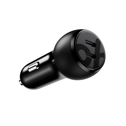 Black 65W car adapter with two USB-C ports and a textured grip for easy handling.