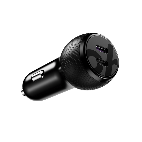 Black 65W car adapter with two USB-C ports and a textured grip for easy handling.