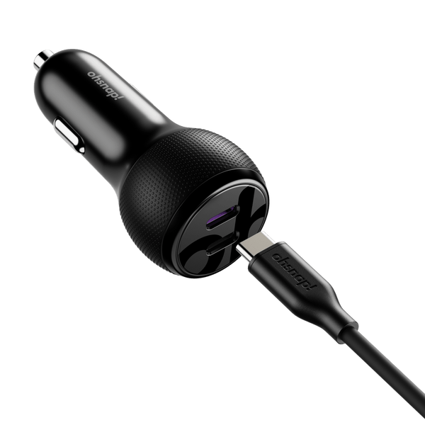 Black 65W car adapter with a USB-C port and attached cable.