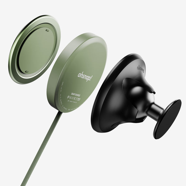Green magnetic charging pad with a black suction mount and a textured cable.