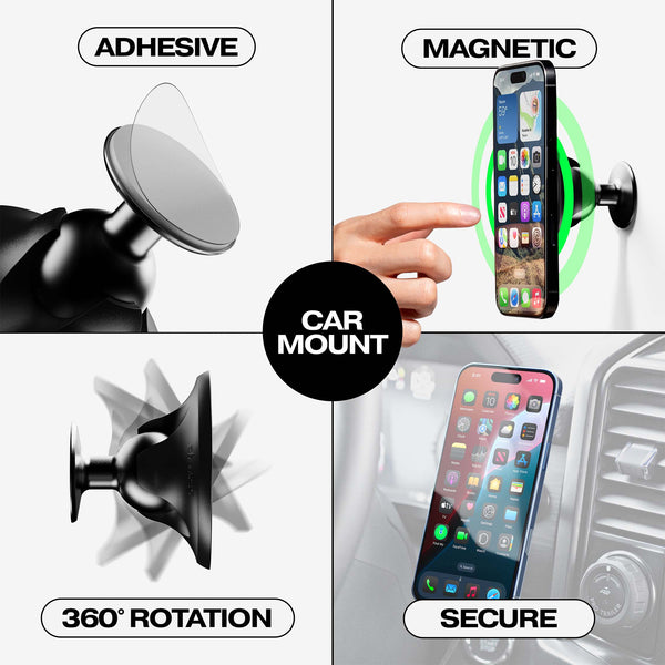 Car mount with adhesive and magnetic features, allowing 360° rotation for secure phone placement.