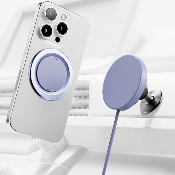 Magnetic car power kit with a phone attachment and a charging mount in a light purple color.