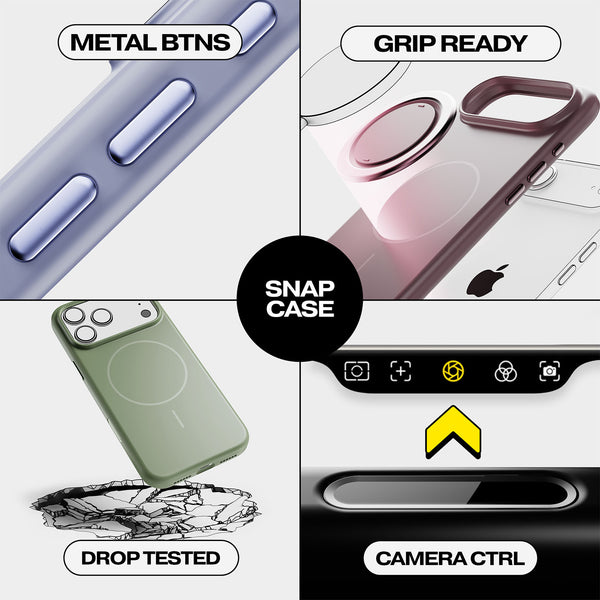 Four sections showcasing features of an iPhone case, including metal buttons, grip design, drop testing, and camera control.