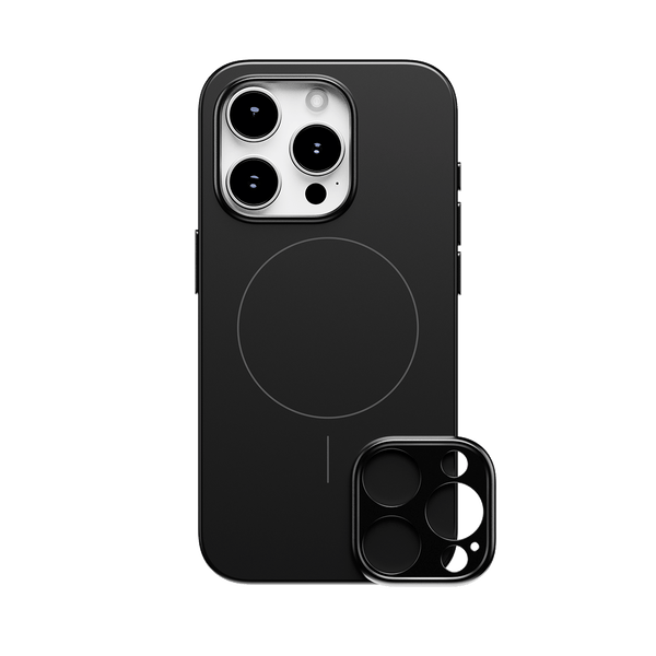 Black snap case designed for the 15 series phone, featuring a circular MagSafe alignment and a detachable camera cover.