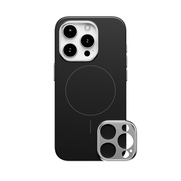 Black snap case for a smartphone with a circular MagSafe area and a removable camera lens cover.