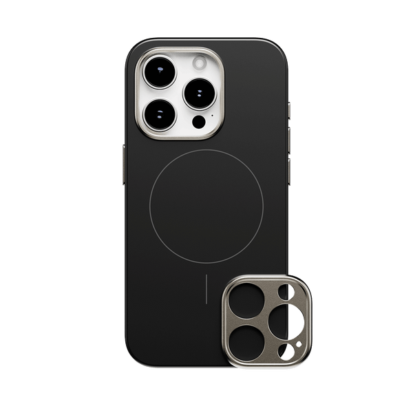 Black snap case for a smartphone with a circular MagSafe area and a detachable camera lens cover.