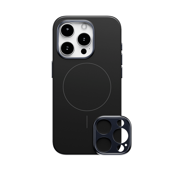 Black snap case for a smartphone with a circular MagSafe alignment and a detachable camera lens cover.