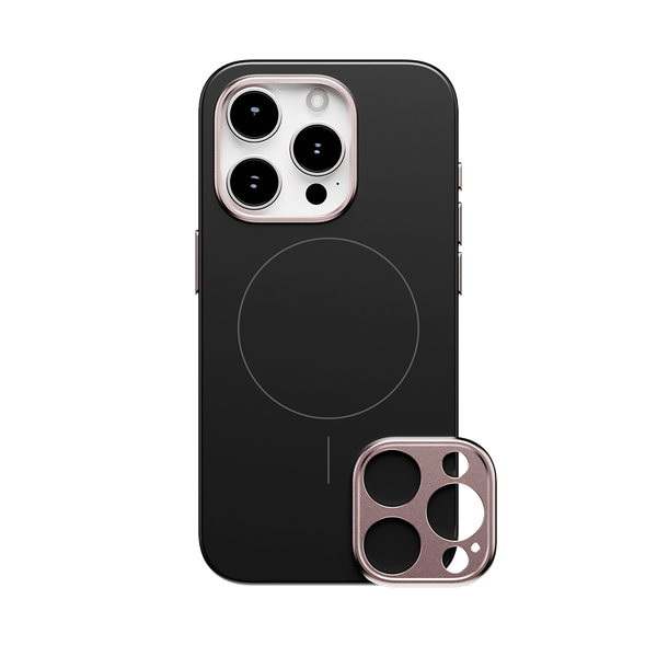 Black snap case for a smartphone with a circular MagSafe area and a detachable camera lens cover.