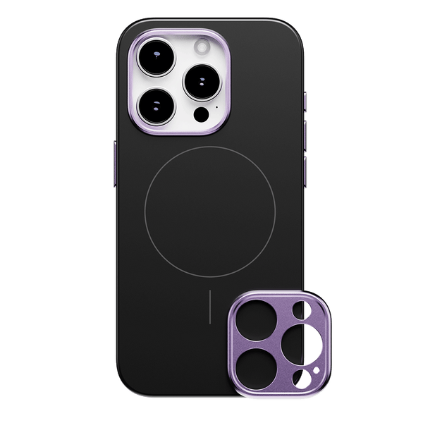 Black phone case with a circular design and a removable purple camera lens cover.