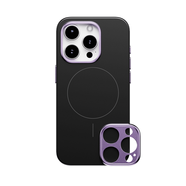 Black phone case with a circular MagSafe area and a detachable purple camera lens cover.