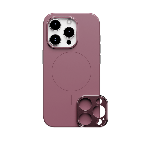 Purple phone case with a circular magnet and a detachable camera lens cover.