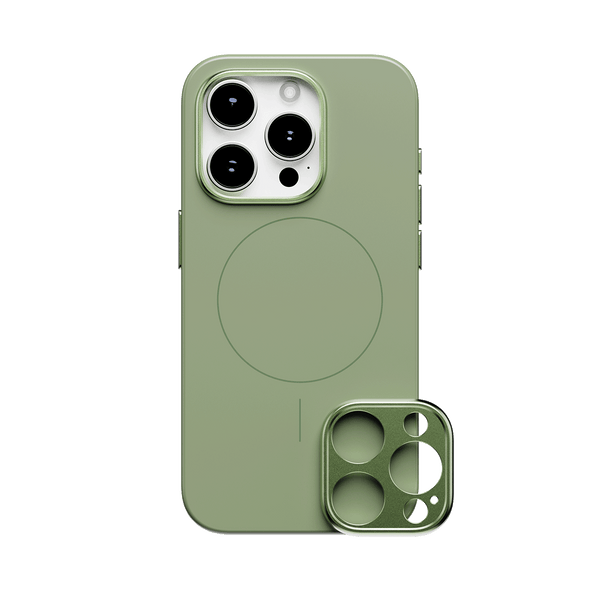 Green snap case for a smartphone with a circular magnetic area and a separate camera lens cover.