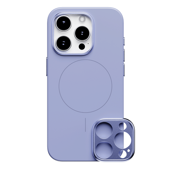 Purple snap case for a smartphone with a circular design and a removable camera lens cover.