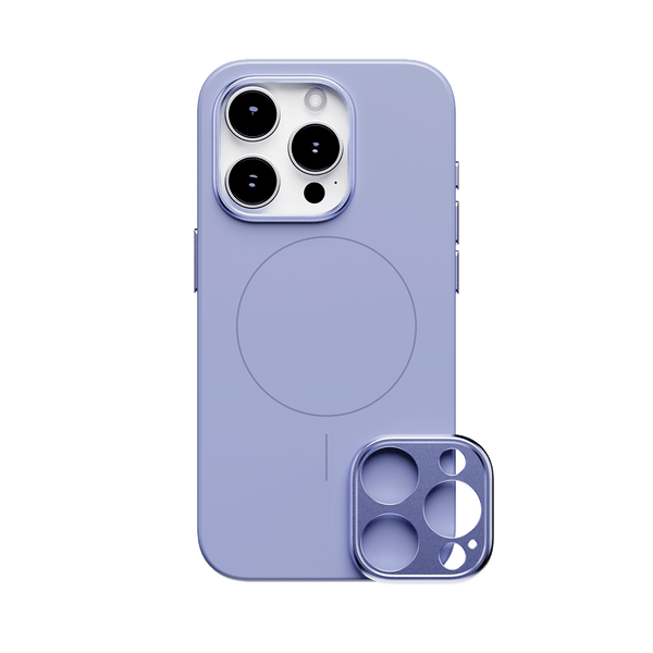 Purple phone case designed for the 15 Series, featuring a circular magnetic area and a removable camera lens cover.