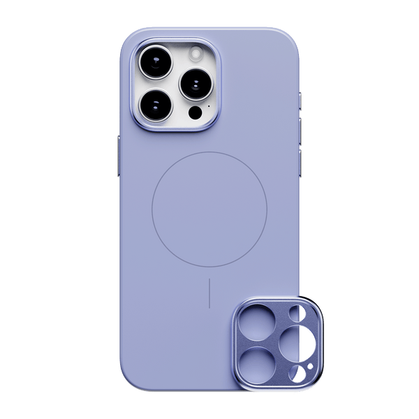 Purple snap case for iPhone 15 series with a circular MagSafe area and a removable camera lens cover.