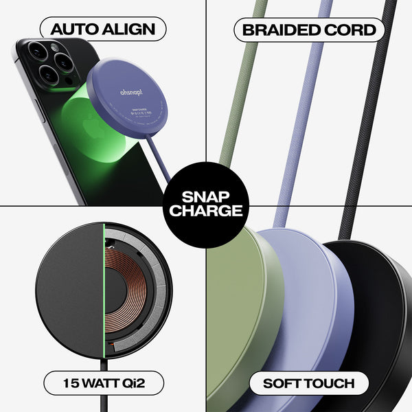Magnetic wireless charger with braided cord, featuring multiple colors and 15W Qi2 compatibility.