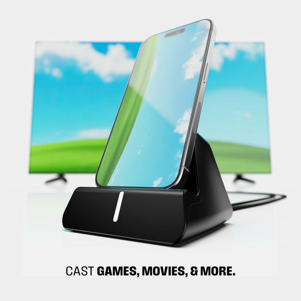 Black phone dock with a smartphone displayed, set against a blurred TV screen in the background.