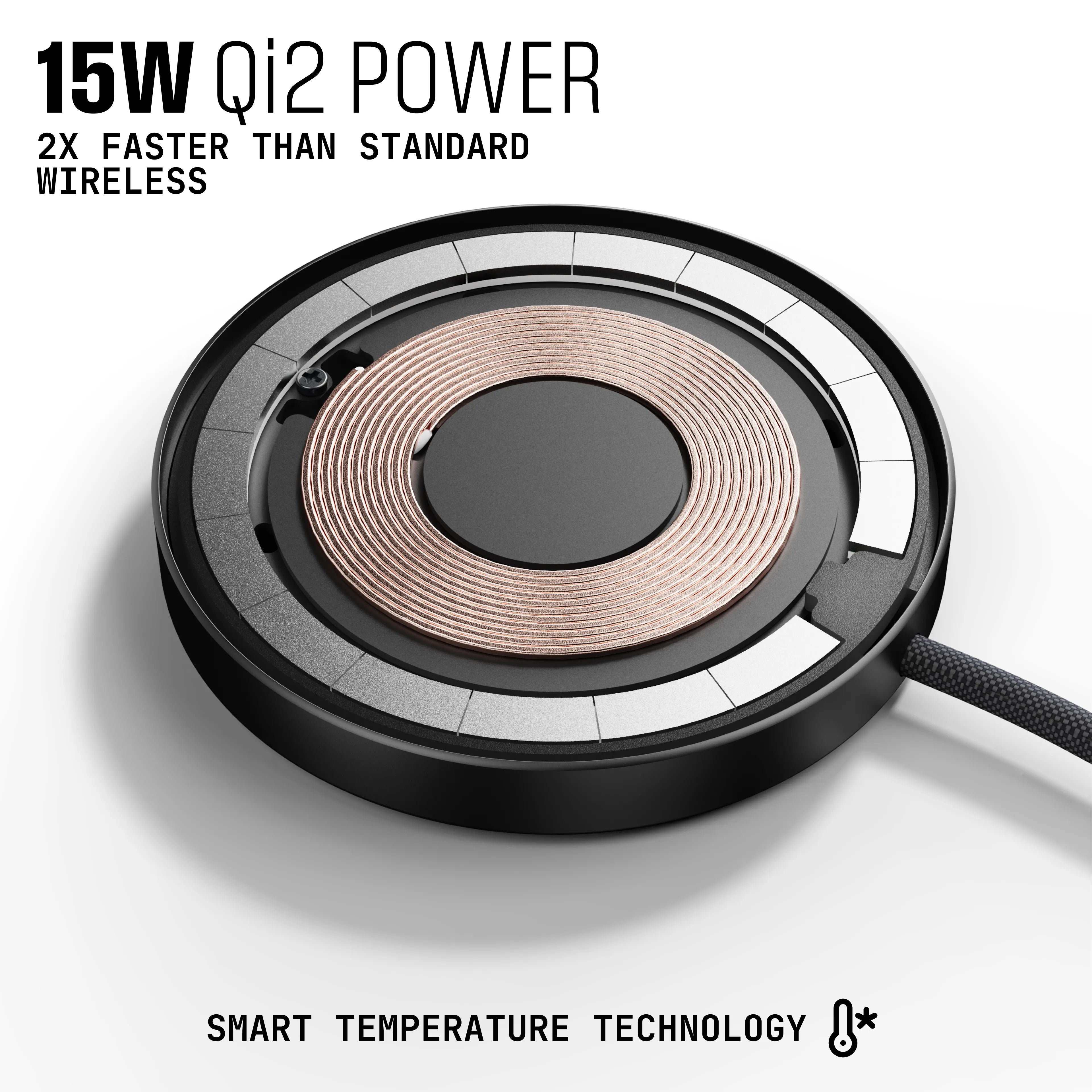 Round green wireless charging pad with a connected cable.