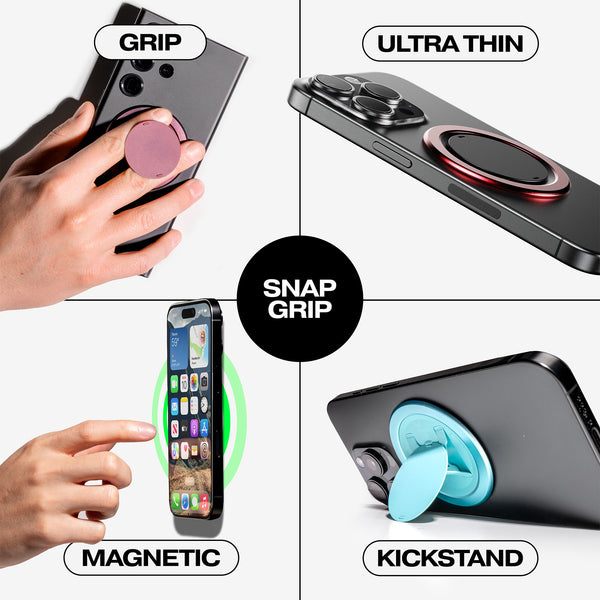 Four features of a phone accessory: grip, ultra-thin design, magnetic attachment, and kickstand functionality.