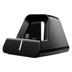 Black docking station with a sloped design and a USB connector at the front.