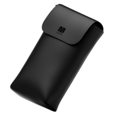 Black travel sleeve with a flap closure and embossed logo on the front.