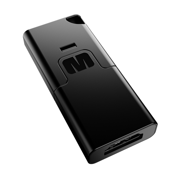 Black rectangular device with a logo, featuring a USB port and a small opening on one side.