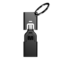 Black key-shaped USB device with a keyring attachment.