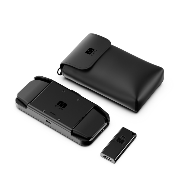 Black carrying case with a device and USB drive, all featuring the MCON logo.