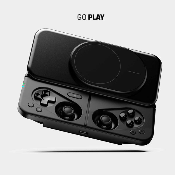 Black gaming controller with joystick and buttons, designed for mobile devices, featuring a sleek, compact design.