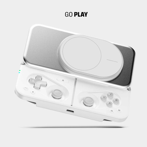 White gaming controller with a touchpad and various buttons, displayed against a light gray background.