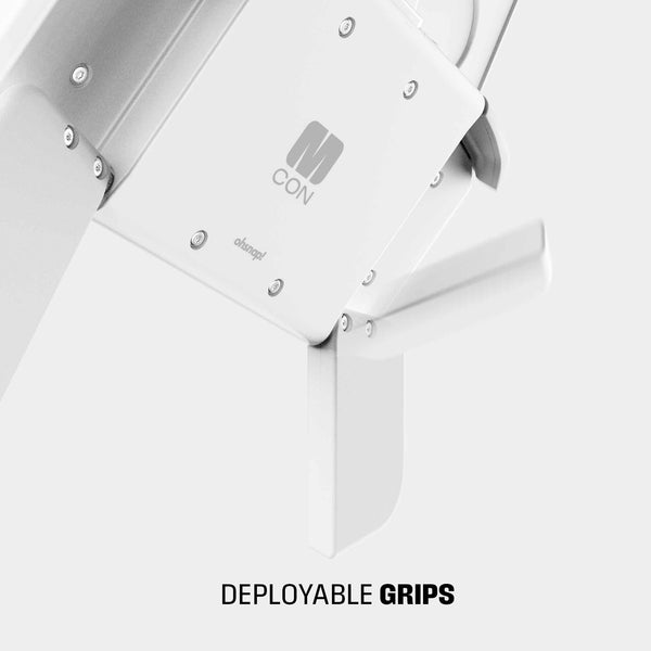 Close-up of a white device featuring deployable grips and a logo with the letters 