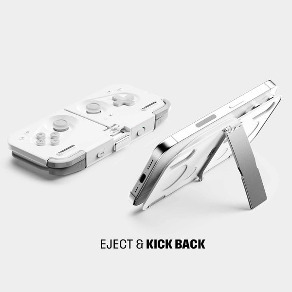 Portable gaming controller with a foldable design and adjustable stand for mobile devices.