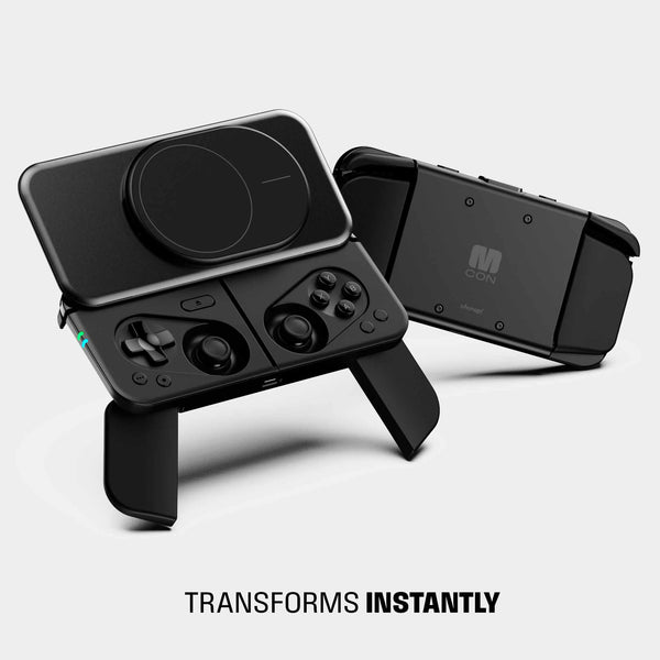 Black gaming controller with a detachable top section and adjustable stand, featuring buttons and a touchpad.