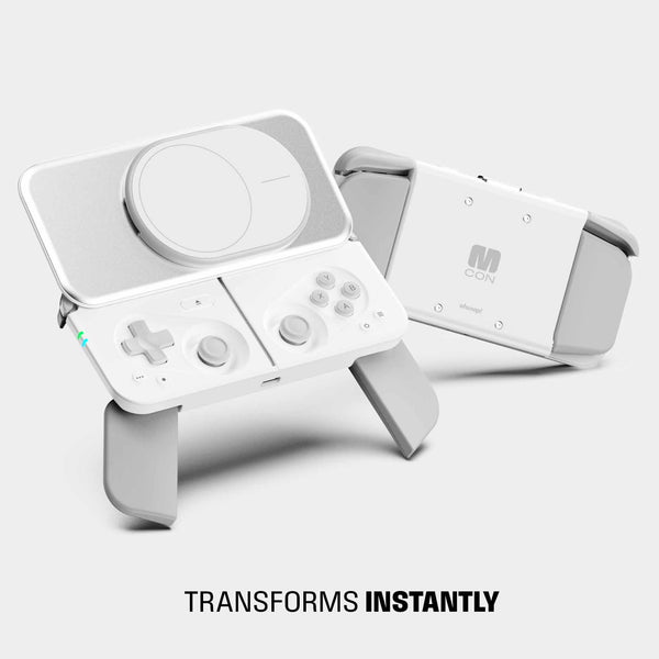 White gaming controller with a foldable design and various buttons, featuring a circular touchpad on top.