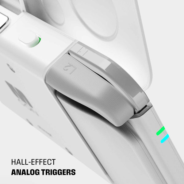 Close-up of a gaming controller showing hall-effect analog triggers and indicator lights.
