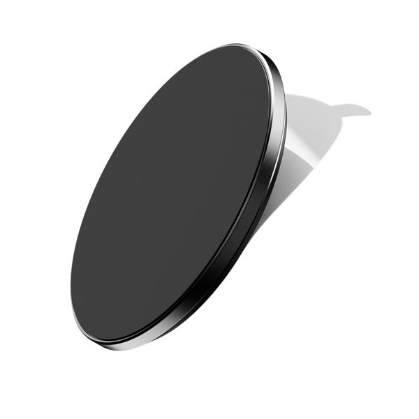Round black wall mount with a silver edge and a clip for attachment.