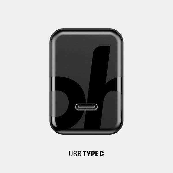 Black wall adapter with a USB Type-C port on the front and a glossy finish.