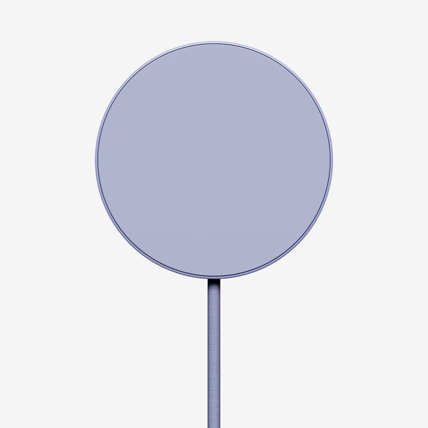 Round purple wireless charger with a connected cable.