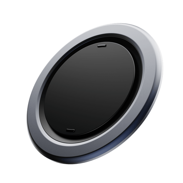 Circular device with a black surface and a silver outer ring, featuring two small ports.