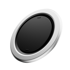 Circular device with a black center and silver outer ring, featuring two small buttons on the surface.