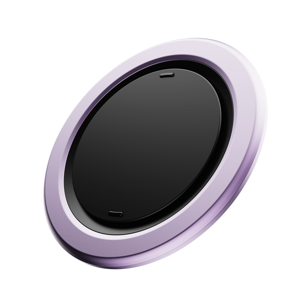 Round device with a black center and a purple outer ring, designed for grip or attachment.