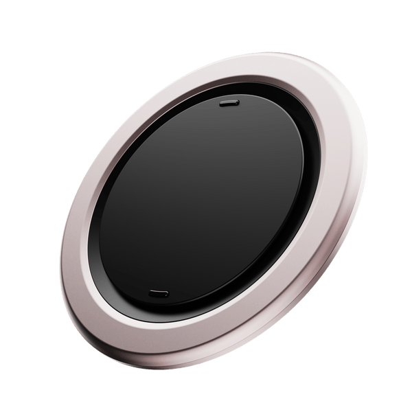 Round device with a glossy black surface and a metallic pink rim, featuring two small ports on the edge.