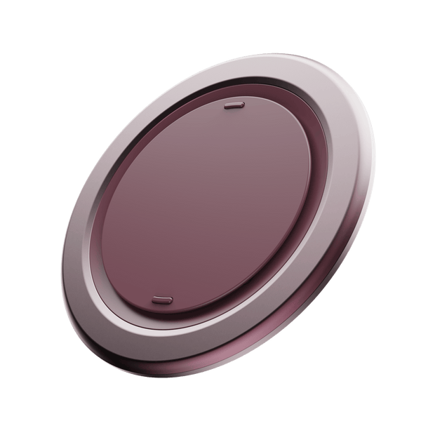 Round snap grip with a maroon center and silver outer ring, designed for personalized use.